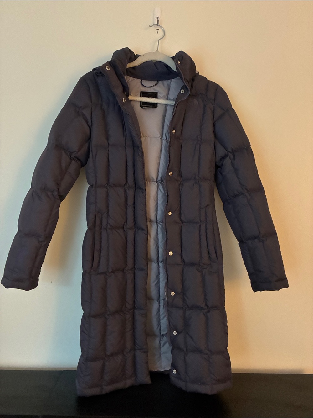 The North Face Women's Long Navy Quilted Hooded Puffer Coat